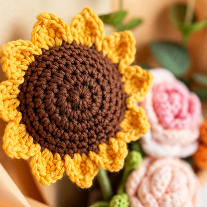 Handmade Crochet Sunflower and Rose Bouquet with Mini Flowers