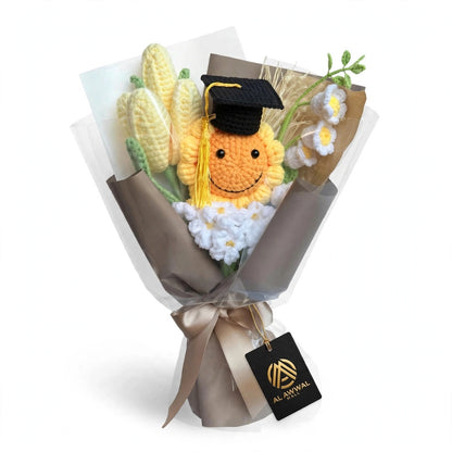 Handmade Crochet Graduation Bouquet with Smiling Sun, White Daisies and Corn