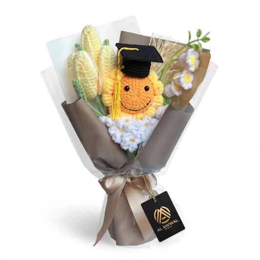 Handmade Crochet Graduation Bouquet with Smiling Sun, White Daisies and Corn