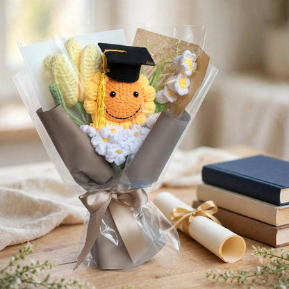 Handmade Crochet Graduation Bouquet with Smiling Sun, White Daisies and Corn