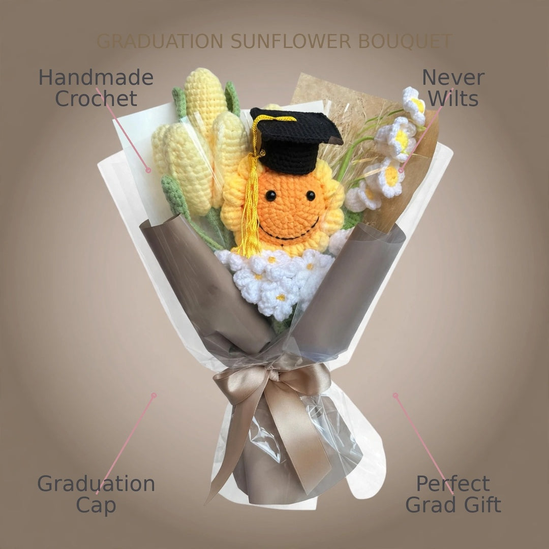 Handmade Crochet Graduation Bouquet with Smiling Sun, White Daisies and Corn