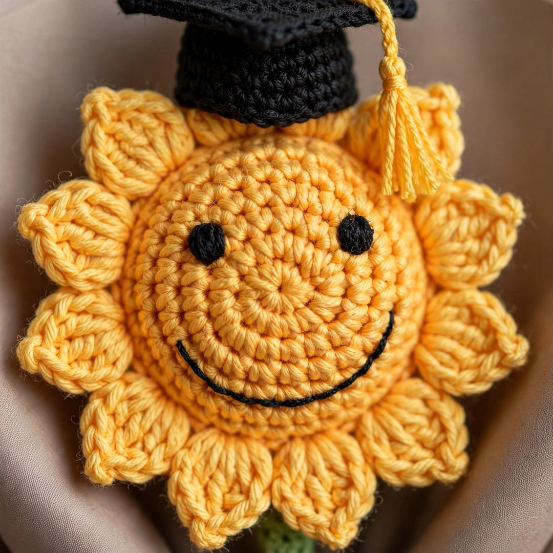 Handmade Crochet Graduation Bouquet with Smiling Sun, White Daisies and Corn