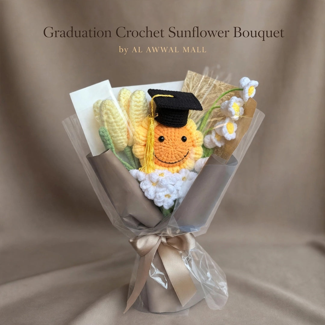 Handmade Crochet Graduation Bouquet with Smiling Sun, White Daisies and Corn