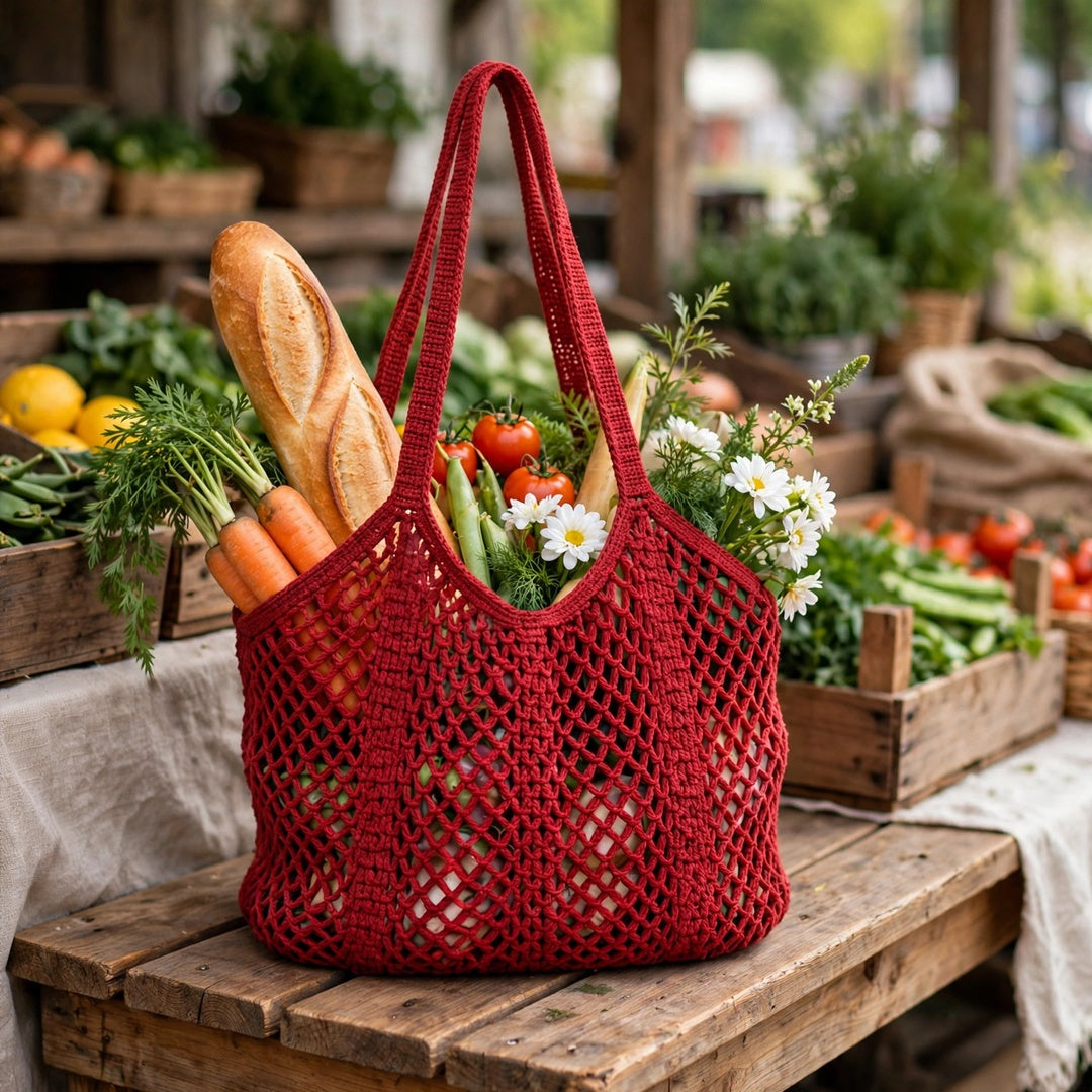 Red Crochet Mesh Stitch Tote Bag – Handmade Design