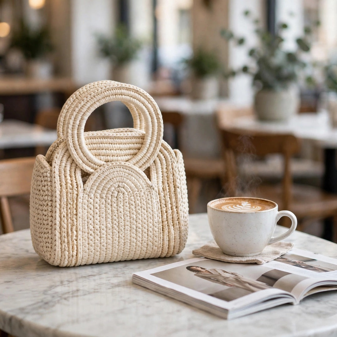 Handmade Crochet Chunky Stitch Bags – White & Beige with Round Handles