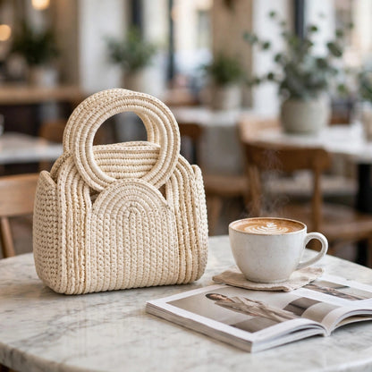 Handmade Crochet Chunky Stitch Bags – White & Beige with Round Handles