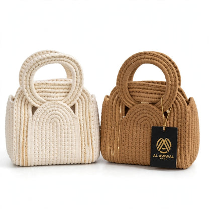 Handmade Crochet Chunky Stitch Bags – White & Beige with Round Handles