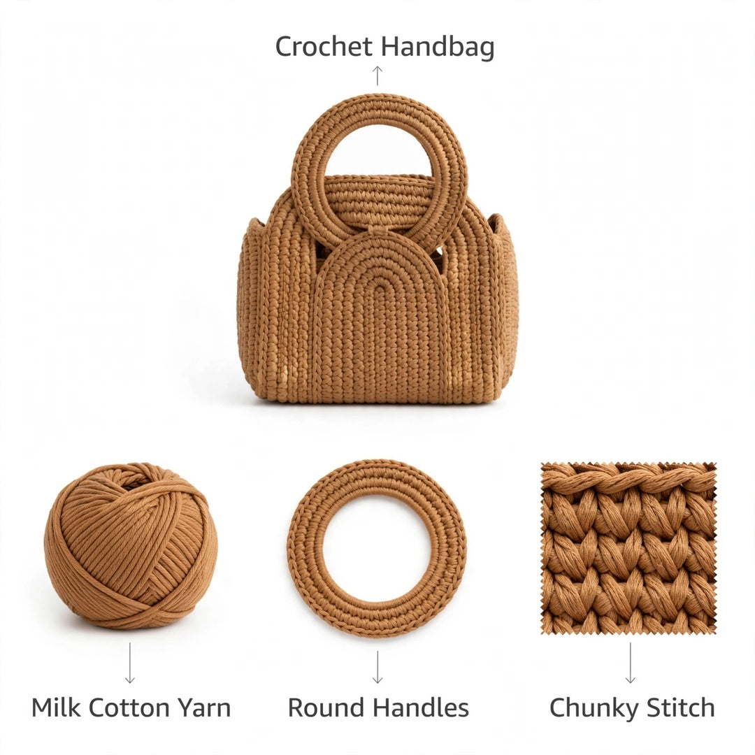Handmade Crochet Chunky Stitch Bags – White & Beige with Round Handles