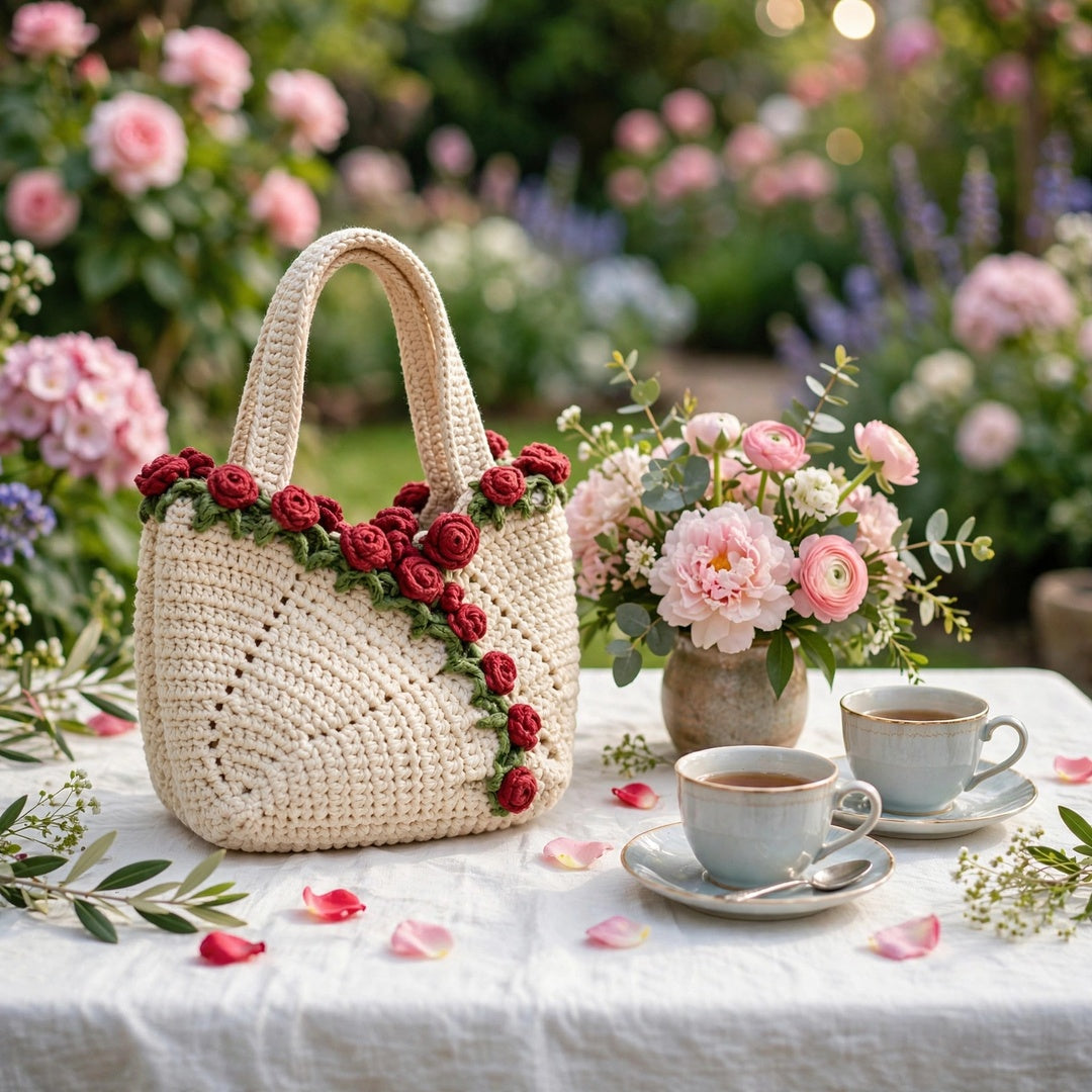 Cream Crochet Tote Bags with Diamond Stitch, Red & Purple Roses