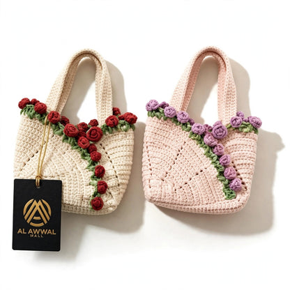 Cream Crochet Tote Bags with Diamond Stitch, Red & Purple Roses