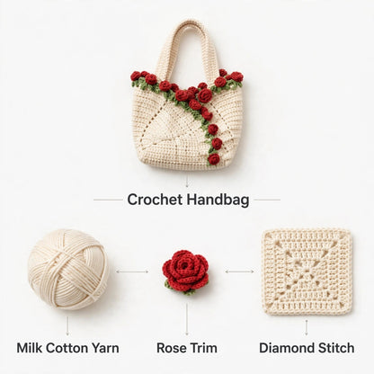 Cream Crochet Tote Bags with Diamond Stitch, Red & Purple Roses