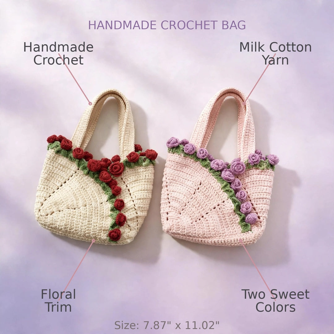 Cream Crochet Tote Bags with Diamond Stitch, Red & Purple Roses