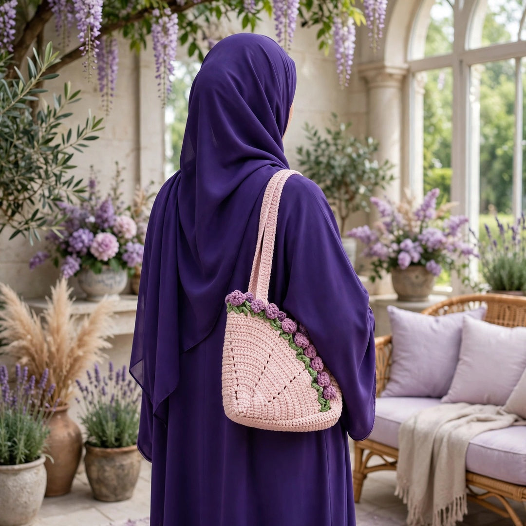 Cream Crochet Tote Bags with Diamond Stitch, Red & Purple Roses