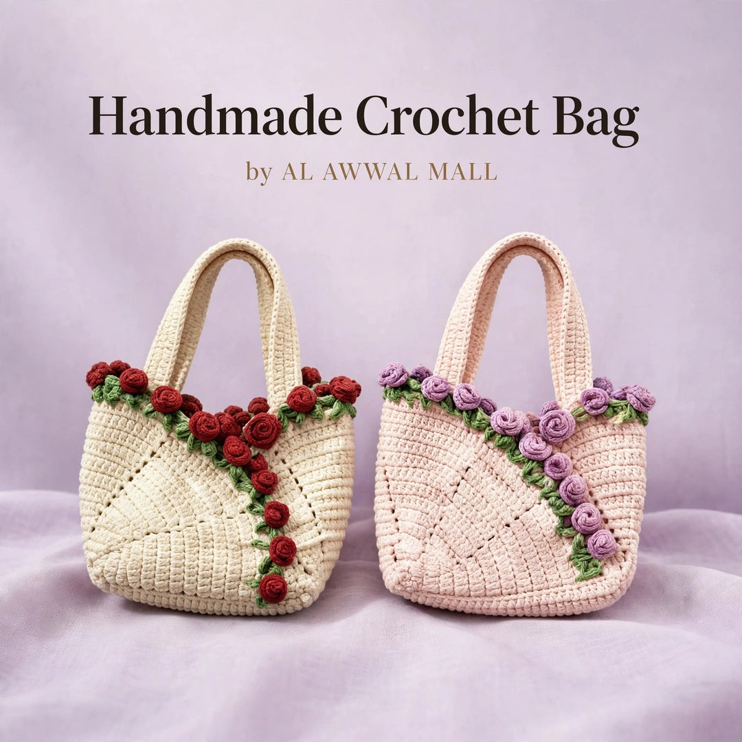 Cream Crochet Tote Bags with Diamond Stitch, Red & Purple Roses