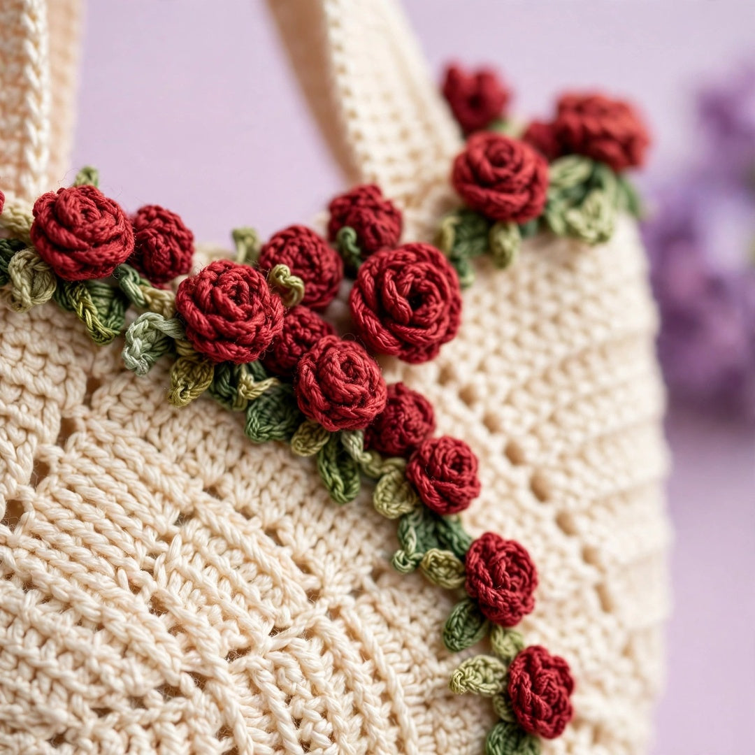 Cream Crochet Tote Bags with Diamond Stitch, Red & Purple Roses