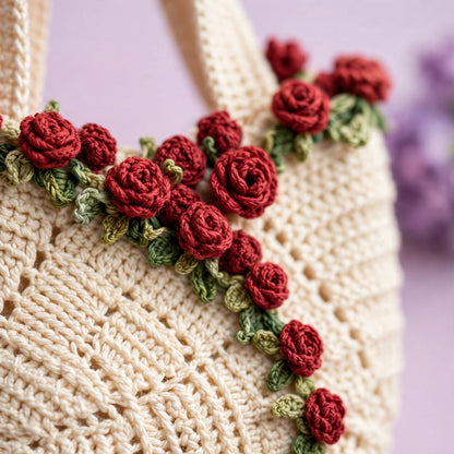Cream Crochet Tote Bags with Diamond Stitch, Red & Purple Roses