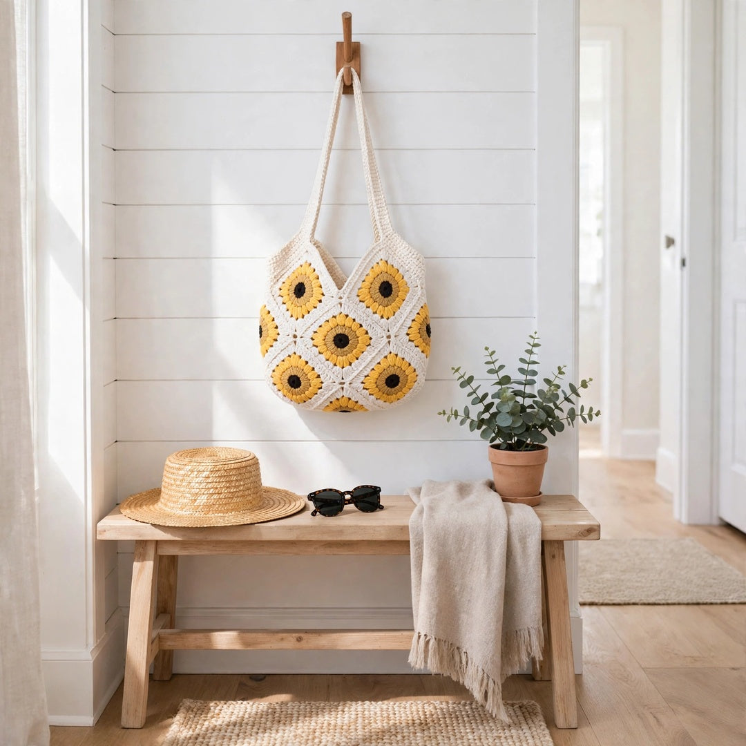 Crochet Tote Bags with Diamond Stitch – Beige, White & Sunflower Design