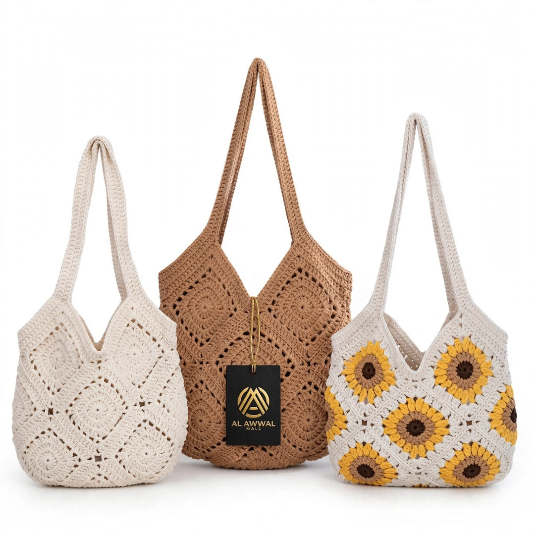 Crochet Tote Bags with Diamond Stitch – Beige, White & Sunflower Design