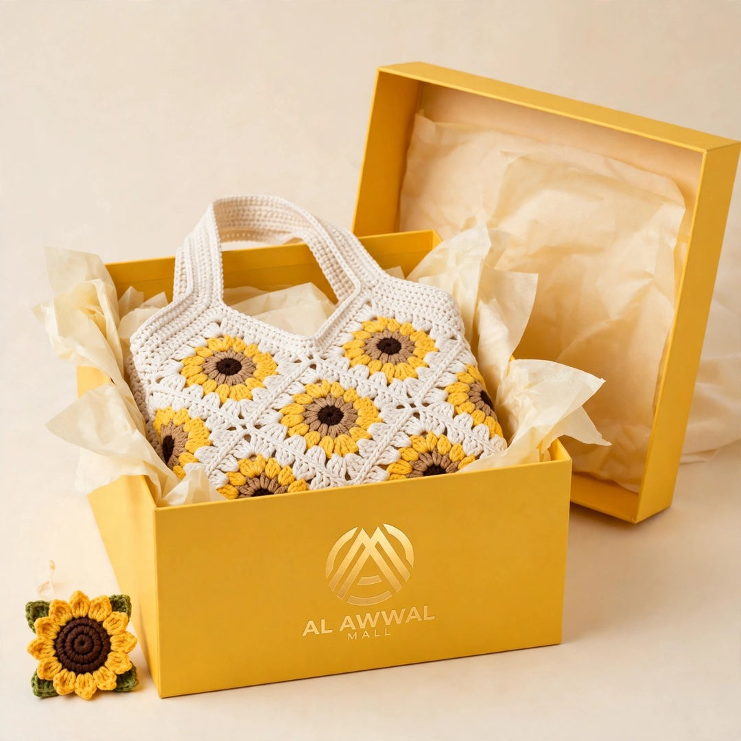 Crochet Tote Bags with Diamond Stitch – Beige, White & Sunflower Design