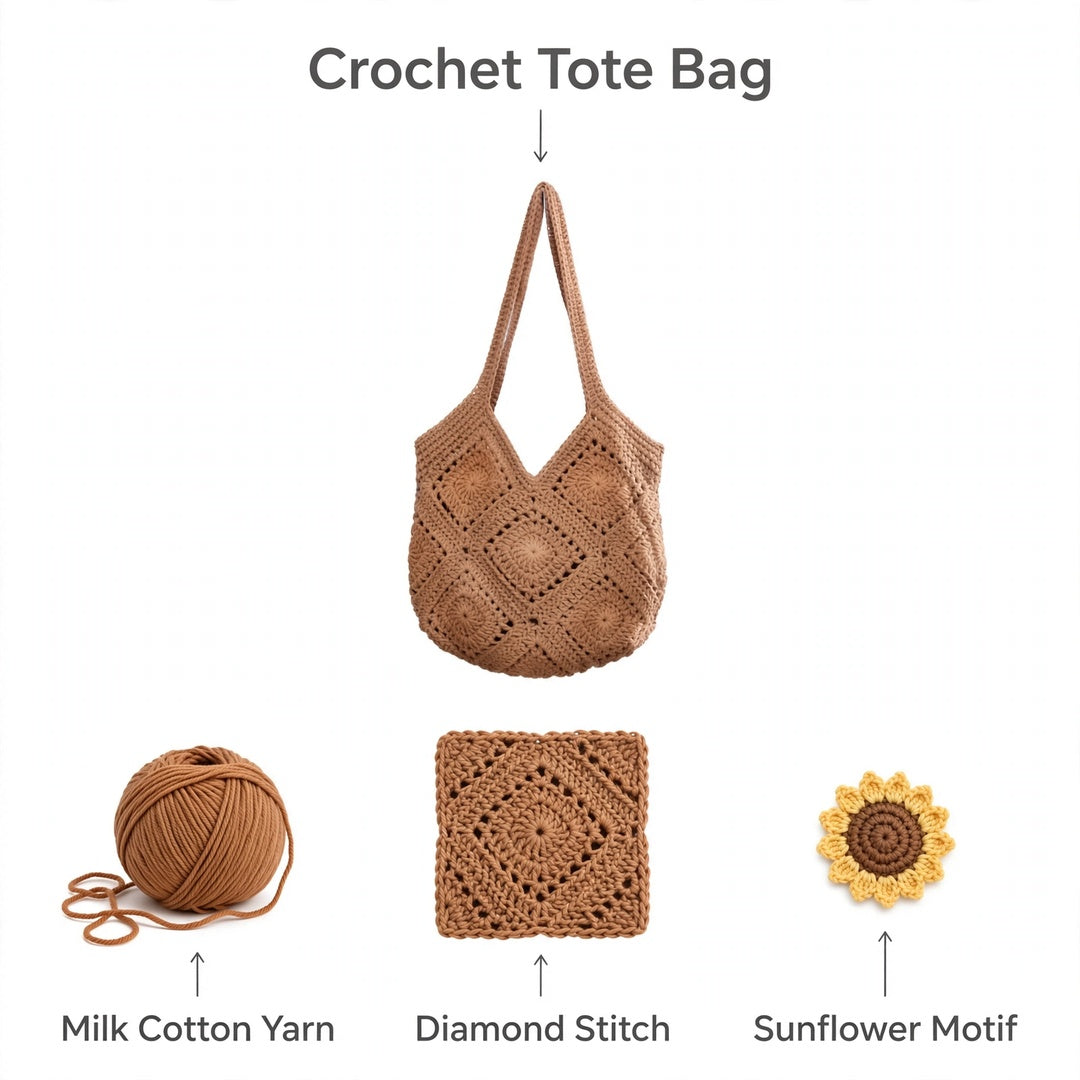 Crochet Tote Bags with Diamond Stitch – Beige, White & Sunflower Design