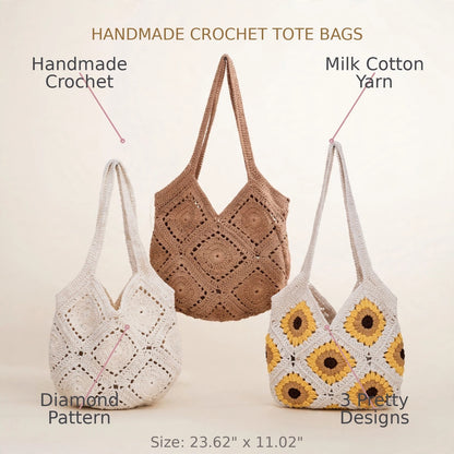 Crochet Tote Bags with Diamond Stitch – Beige, White & Sunflower Design