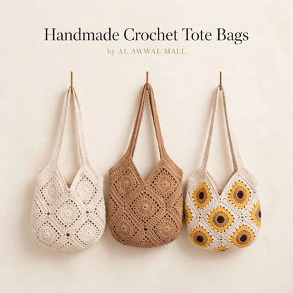 Crochet Tote Bags with Diamond Stitch – Beige, White & Sunflower Design