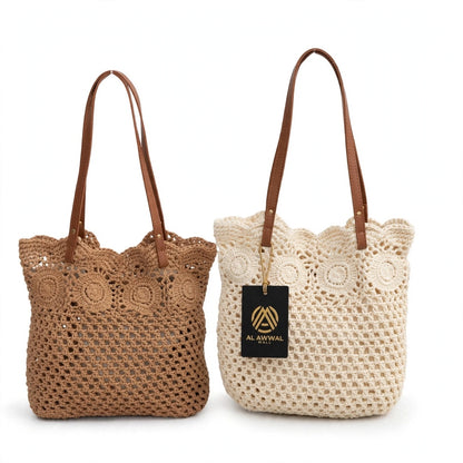 Crochet Tote Bags in White & Beige with Leather Straps and Woven Design