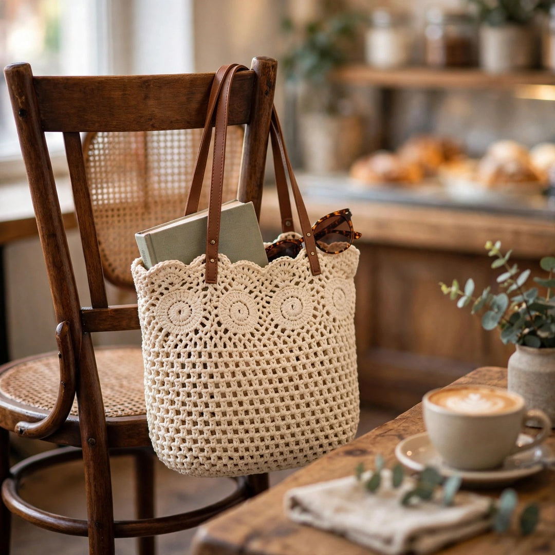 Crochet Tote Bags in White & Beige with Leather Straps and Woven Design