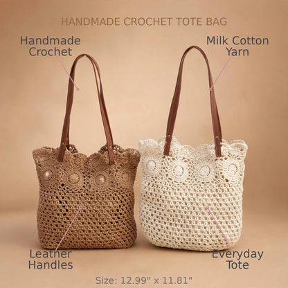 Crochet Tote Bags in White & Beige with Leather Straps and Woven Design