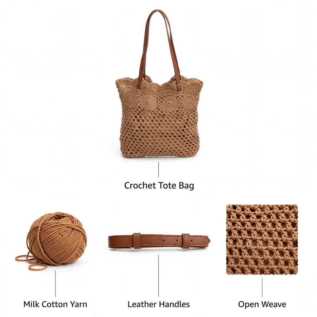 Crochet Tote Bags in White & Beige with Leather Straps and Woven Design