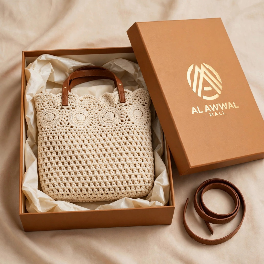 Crochet Tote Bags in White & Beige with Leather Straps and Woven Design