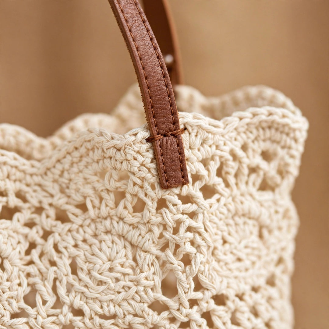 Crochet Tote Bags in White & Beige with Leather Straps and Woven Design