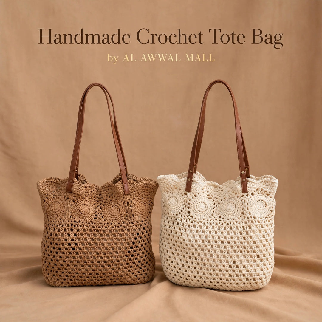 Crochet Tote Bags in White & Beige with Leather Straps and Woven Design