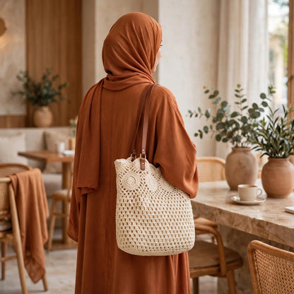 Crochet Tote Bags in White & Beige with Leather Straps and Woven Design