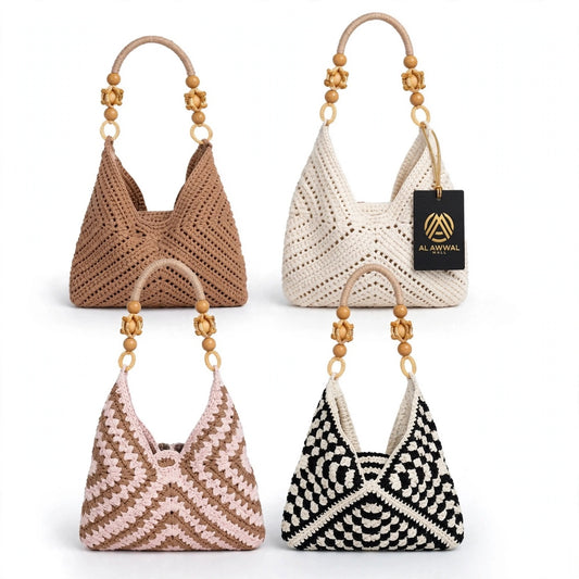 Handmade Crochet Chevron Stitch Bags with Wooden Bead Handles – Milk Cotton Yarn