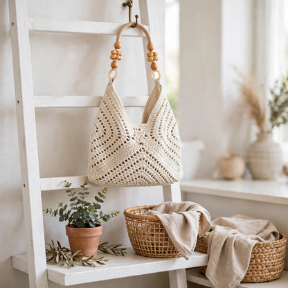 Handmade Crochet Chevron Stitch Bags with Wooden Bead Handles – Milk Cotton Yarn