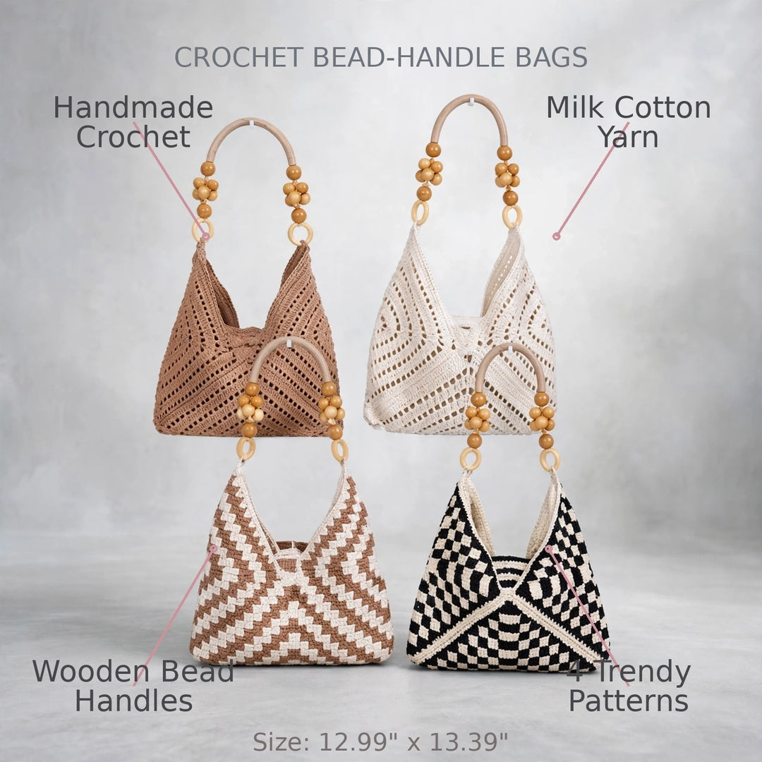 Handmade Crochet Chevron Stitch Bags with Wooden Bead Handles – Milk Cotton Yarn