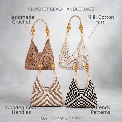 Handmade Crochet Chevron Stitch Bags with Wooden Bead Handles – Milk Cotton Yarn