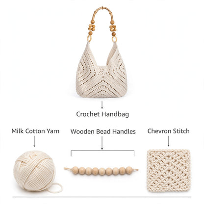 Handmade Crochet Chevron Stitch Bags with Wooden Bead Handles – Milk Cotton Yarn