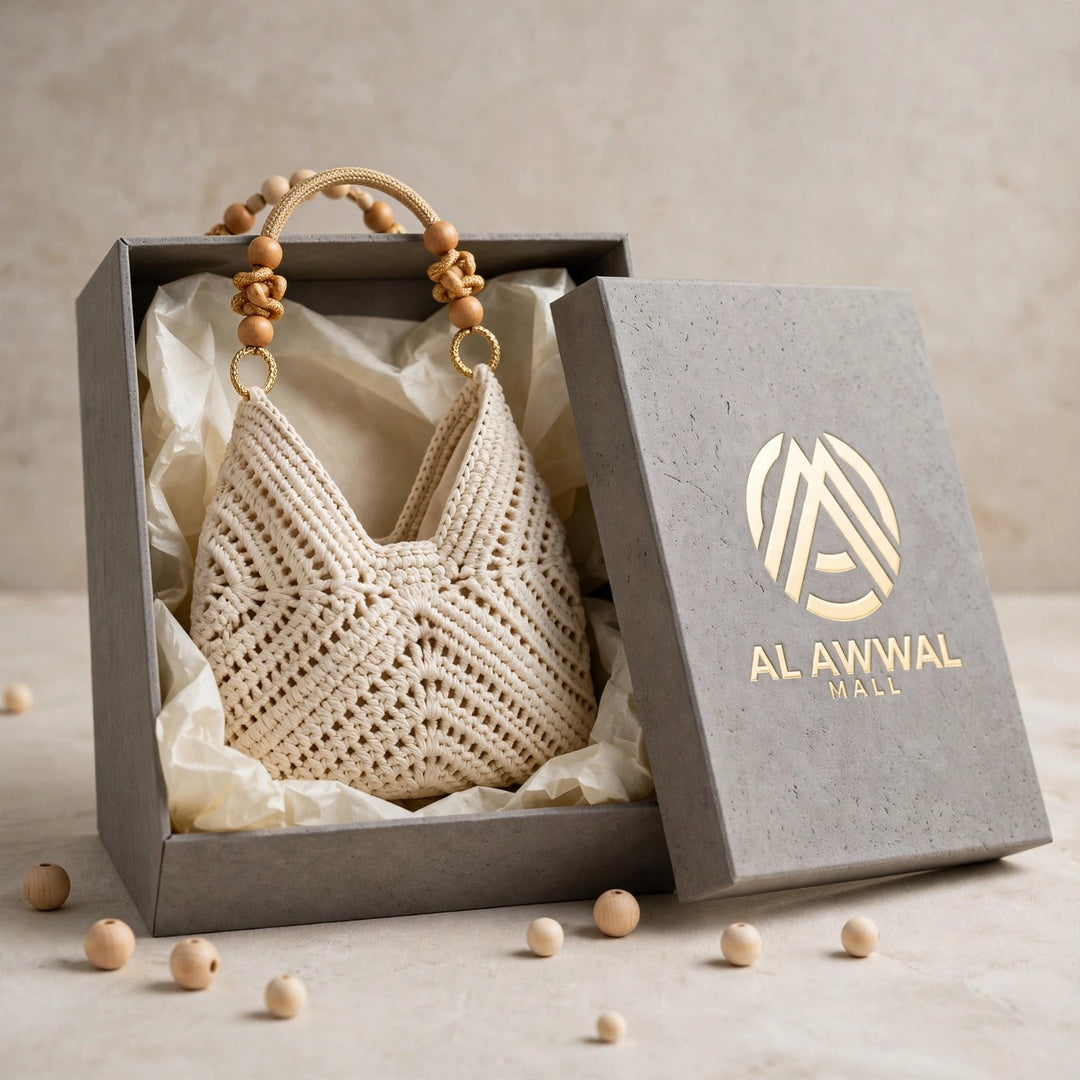 Handmade Crochet Chevron Stitch Bags with Wooden Bead Handles – Milk Cotton Yarn