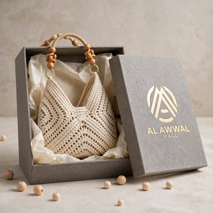 Handmade Crochet Chevron Stitch Bags with Wooden Bead Handles – Milk Cotton Yarn