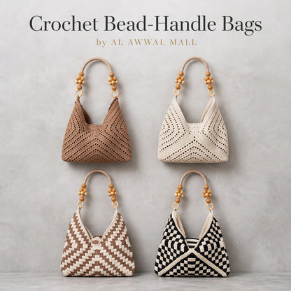 Handmade Crochet Chevron Stitch Bags with Wooden Bead Handles – Milk Cotton Yarn