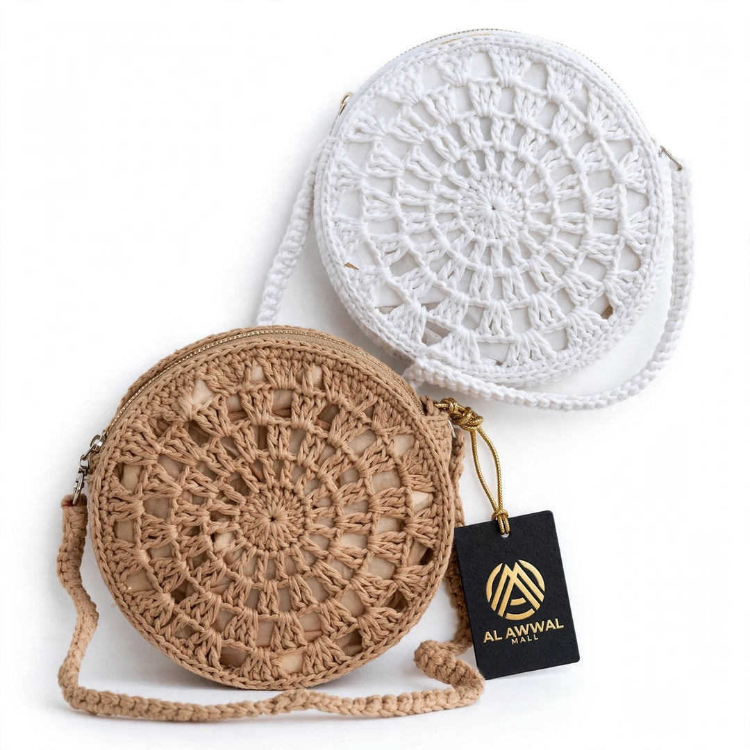 Handmade Crochet Round Bags – White & Beige with Straps and Zipper