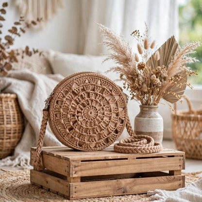 Handmade Crochet Round Bags – White & Beige with Straps and Zipper