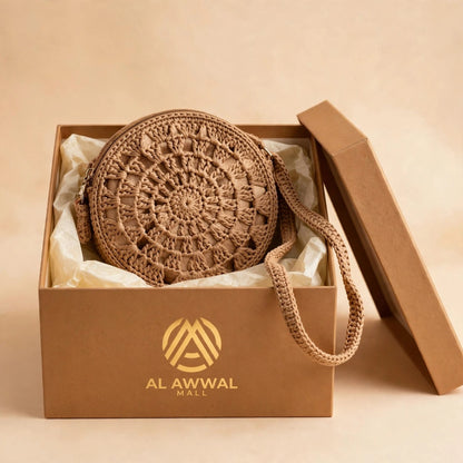 Handmade Crochet Round Bags – White & Beige with Straps and Zipper