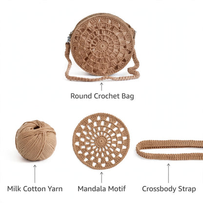 Handmade Crochet Round Bags – White & Beige with Straps and Zipper