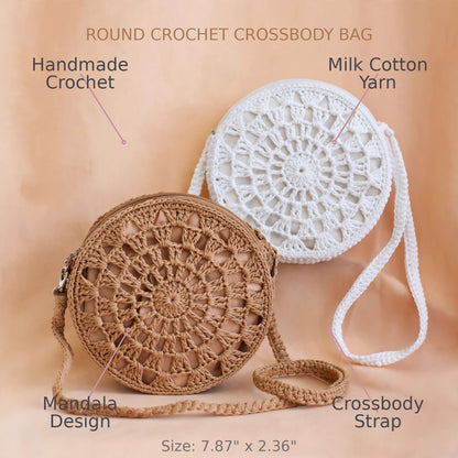 Handmade Crochet Round Bags – White & Beige with Straps and Zipper