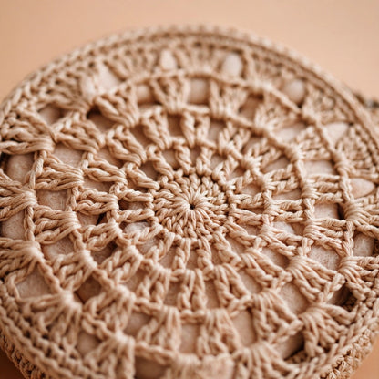 Handmade Crochet Round Bags – White & Beige with Straps and Zipper
