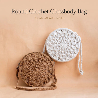 Handmade Crochet Round Bags – White & Beige with Straps and Zipper