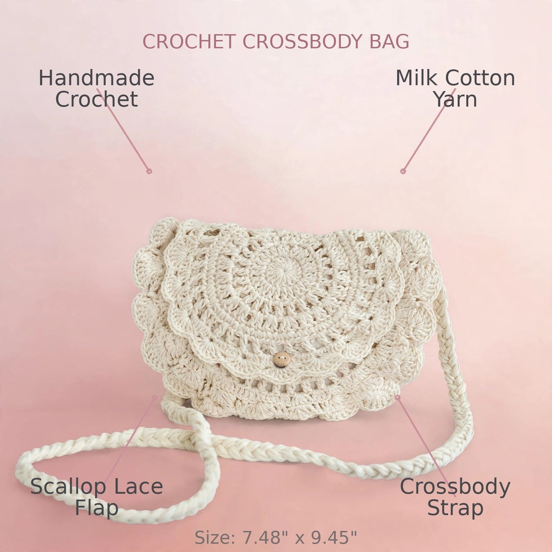Handmade Crochet Cream Half-Moon Bag with Frill Detail
